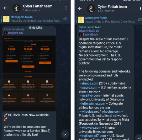 Mensagens do grupo Cyber Fattah